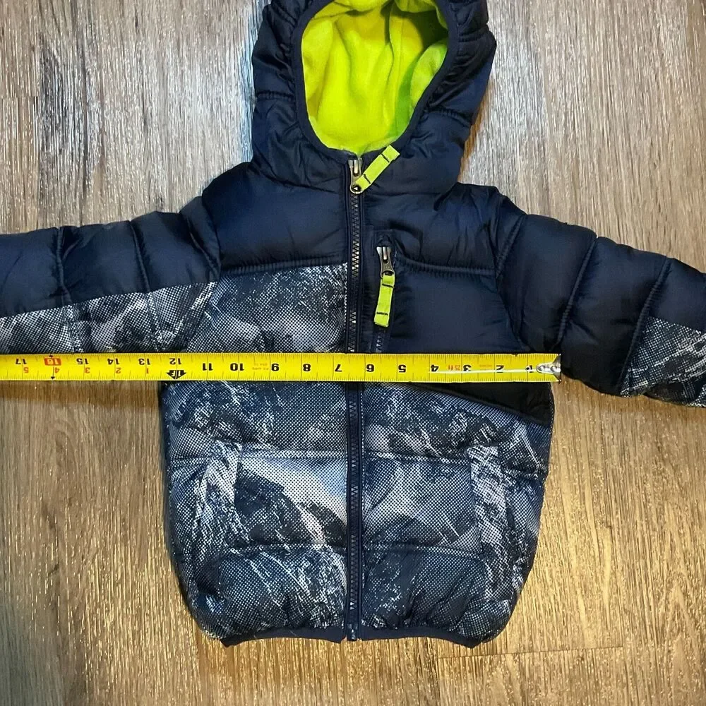 SNOZU KIDS BOYS PUFFER FLEECE LINED SKI JACKET 2T HOODED WINTER COAT BLUE YELLOW